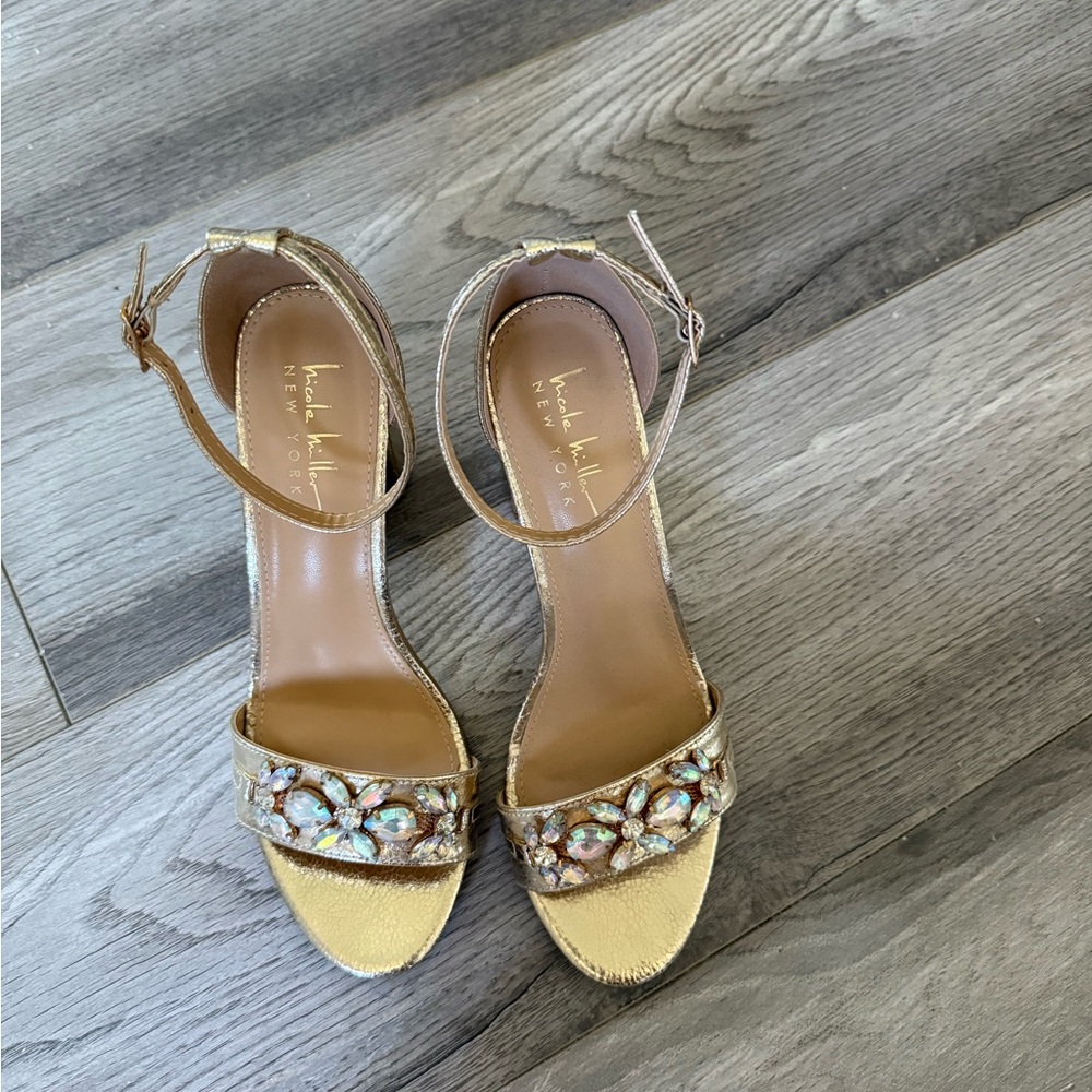 Nicole Miller Gold Embellished Ankle Strap Heels
